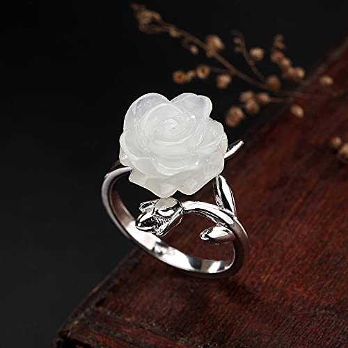 Bague ajustable femme jade Hetian blanc anneau ouvert rose rétro bijoux