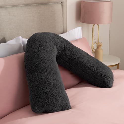 OHS Teddy Fleece V Shaped Pillows Charcoal Grey, Super Soft Warm Comfy