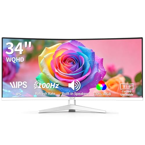 Image of 34'' Ultrawide Curved Monitor-WQHD 3440x1440 Resolution,100Hz, IPS Panel, Built-in Speakers,3800R Curvature,HDR10,AMD FreeSync Premium,21:9 Aspect Ratio,Low Blue Light,Flicker-Free Technology-White
