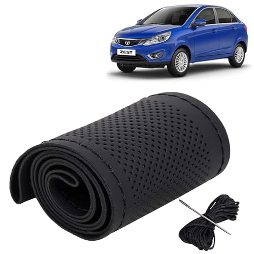 Image of KINGSWAY PU Leatherite Car Steering Cover Sewable Compatible with Tata Zest (Year 2014 Onwards), Black Color with Black Thread, Pack of 1 with Sewing Needle and Thread