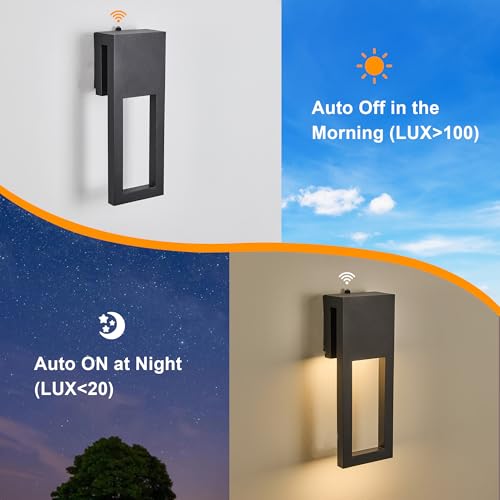 Image of Set of 2 Dusk to Dawn Outdoor Wall Lights, Custom Mold Black Exterior Wall Mount Lamp, 110V Hardwired IP65 Weatherproof Exterior Lighting Fixtures for House Yard Backyard Balcony Entryway