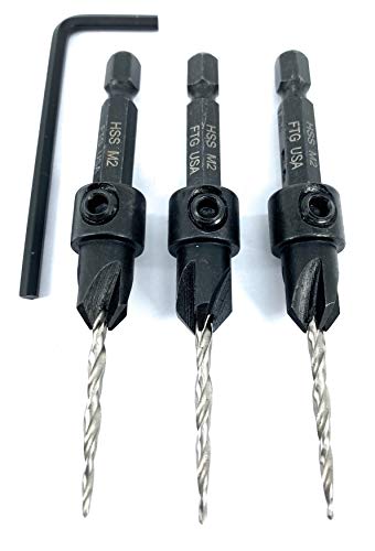 Ftg Usa Countersink Drill Bit Set 3 Pc #4 (7/64") Wood Countersink Drill Bit Same Size Set Countersink Tapered Countersink Bit, Quick Change Shank, 1 Hex Wrench, Woodworking Countersink Drill Bits #TOP6