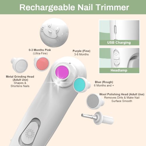 Image of SNOWIE SOFT Nail Trimmer for Baby New Born White Electric Baby Nails Cutter 2 in 1 Electric Nail Clipper with LED USB Rechargeable Baby Grooming Kit