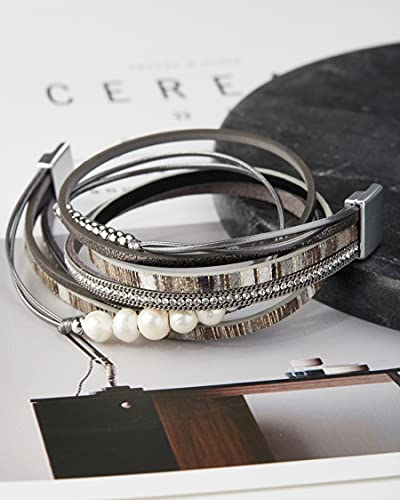Leather Wrap Bracelet Boho Stackable Cuff Bracelets With Magnetic Clasp Accessories Jewelry Gifts For Women Teen Girls (Gray Leather(Pearl)) #TOP2