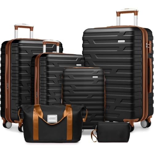 Luggage Sets 6 Piece with Duffel Bags, Hardside Expandable Suitcases with Spinner Wheels TSA Lock (Black Brown)