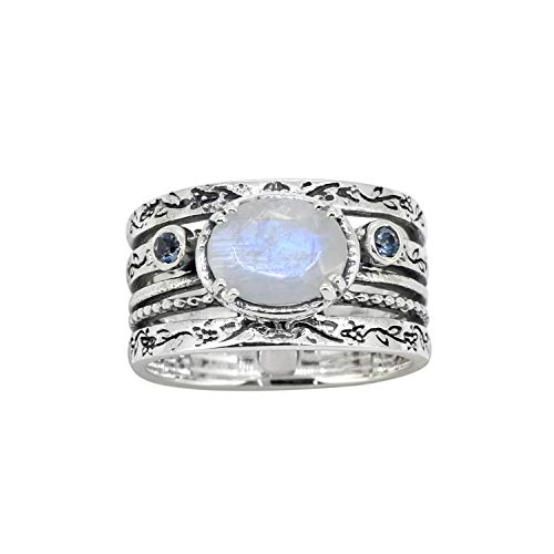 YoTreasure Moonstone London Blue Topaz 925 Sterling Silver Antique Three Stone Ring