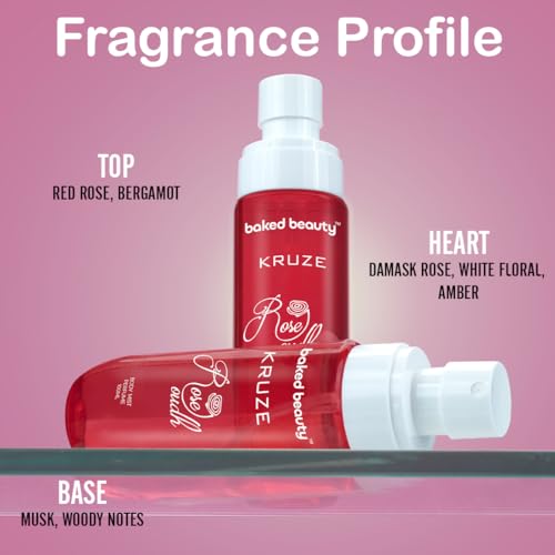 Image of BAKED BEAUTY Kruze Rose Oud Perfume Body Mist | Refreshing Long Lasting Tropical Fragrance|Double Duty Mist For Hair & Body| Travel-Friendly Perfume Body Spray for Women 100ml (Rose)
