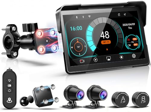 Image of 2026 LBW 7 inch GPS Navigation Motorcycle CarPlay with Wireless iOS /Android Auto, Dual 2K Dash Cam, HD Screen, IP69K Waterproof, TPMS, Remote Control, G-Sensor, BT, Quick Release Anti-Theft Design Mount