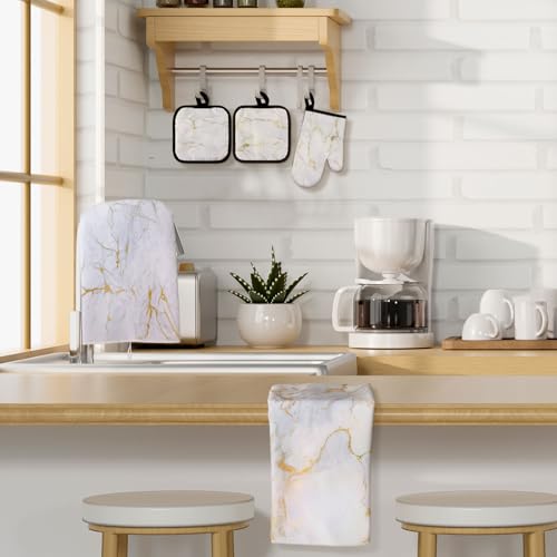 Sratte 6 Pcs Farmhouse Marble Kitchen Towels Pot Holders Oven Mitts Set 2 Dish Towels 2 Potholders 2 Cooking Mittens Oven Glove for Cooking Baking Grilling Supply (White, Gold) by Sratte - Used condition - Image 7