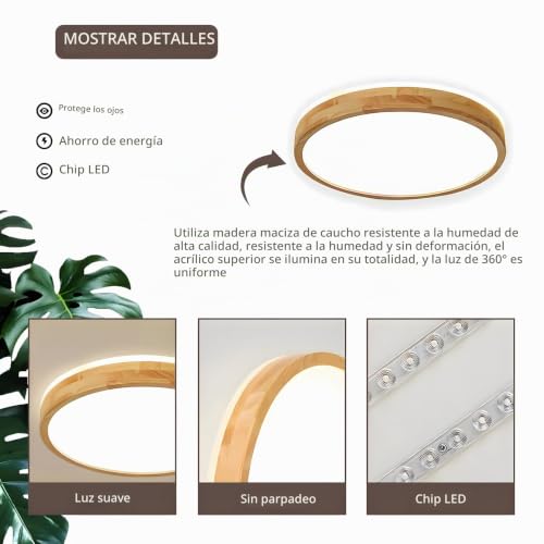 Miniatura 5 de Wayluoung Lámpara De Techo Led De Madera Ø50cm 3000-6000k 36w Lámpara De Madera Natural Con Brillo 360 Parte Superior Redondo Dormitorio Sala De Estar Habitación Regulable Con Control Remoto