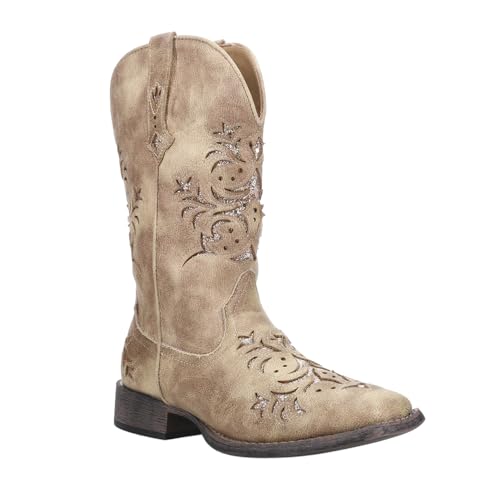 Image of ROPER Womens Kennedy Glitter Tooled Inlay Square Toe Pull On Casual Boots Mid Calf Low Heel 1-2 inch