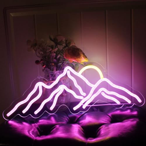 Image of Mountain Sunset Neon Signs for Room Decor LED Neon Light Sign for Bedroom Wall Mountain Decor for Home Party Wedding Christmas Decorations USB Powered(Purple)