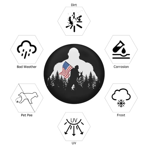 Image of American Flag Spare Tire Cover Bigfoot Hiking Wheel Covers 17 Inch | Black White,Polyester,Protectors Tire Cover,Waterproof,Dust-Proof,Universal,Fit for RV Jeep SUV Motor Travel Camper Tires