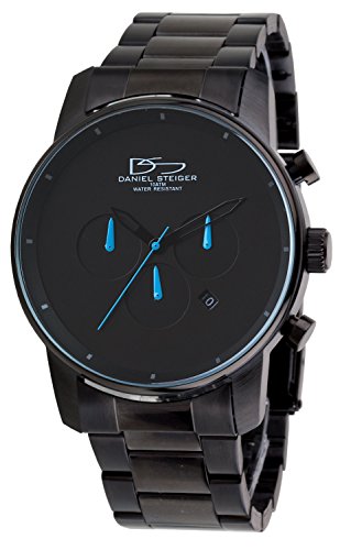 Daniel Steiger Men's Black Watch Jaguar Steel - Minimalist Dial Blue Hands - 100M Waterproof Quartz Movement Wristwatch - Black Case Metal Band Watches