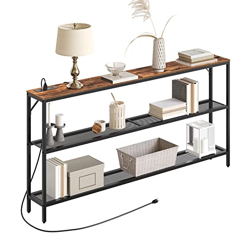 Mahancris Narrow Console Table, Sofa Table With Power Outlets, Entryway Table, 3 Tier Behind Couch Table With 2 Mesh Shelves, Rustic 63" Hallway Table With Metal Frame, Rustic Brown Cthr32E01Z #TOP7