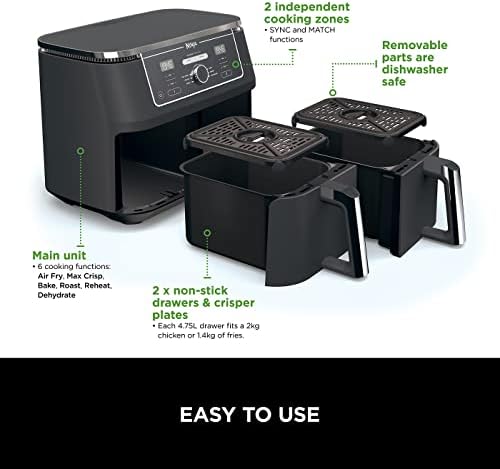 Ninja Foodi MAX Dual Zone Air Fryer [AF400UK] 9.5L, 2 Drawers, 6 Functions, Grey