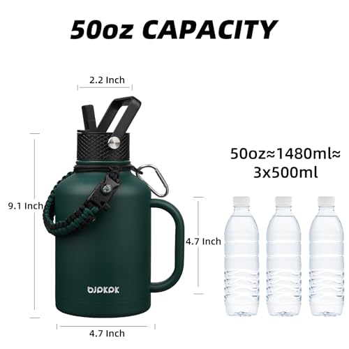 Image of BJPKPK Large Insulated Water Bottles with Straw Lid & Handle, 50oz Water Bottle with 3 Lids and Paracord Strap, Stainless Steel Metal Water Bottle, Insulated Water Jug, Army Green