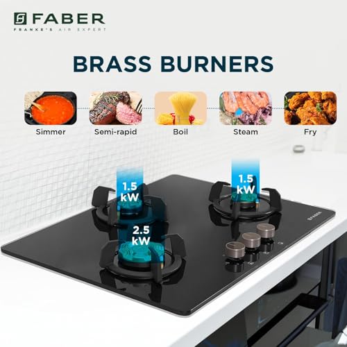 Image of Faber 3 Burner 78Cm HOBTOP|Auto Ignition |Metal Knobs| Cast Iron Pan Support|HOB /Cooktop Hybrid|Black Glass Finish|5 Yrs Warranty On Glass,Valve & 2 Yrs On Burner| HOB PRIME HT783 CRS BR CI AI IN