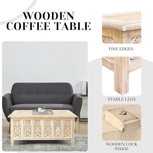 The Wooden Town Rectangular Wooden Coffee Table, Vintage Coffee Table Wood, Modern Wooden Coffee Table, Center Tables, Living Room Side Table for Magazines, Books and Plants - 36x18 Inch White Wash - Thumbnail 4
