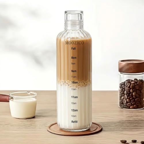 Image of Glass Water Bottle for Adults, Student Direct Drinking Freezer Safe, Leak Proof, Gym Travel On-The-Go Hotel-Style Design Borosilicate Glass Water Bottle With Time Marker (White Lining)