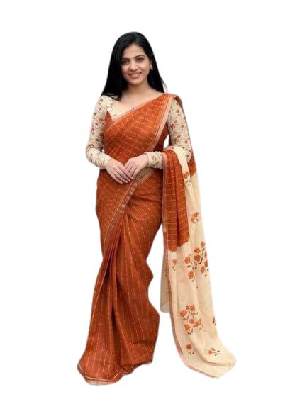 Women's Rust Orange Saree with Floral Printed Pallu and Full Sleeve Blouse,-image-24