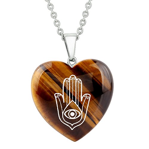 BestAmulets Amulet Hamsa Hand Magical Powers Protection Energy Tiger Eye Puffy Heart Pendant 22 Inch Necklace