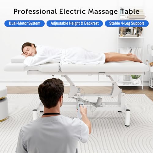 Image of Dolonm 2 Motors Electric Massage Table, Hydraulic Electric Lift Adjustable Backrest and Height Lifting for Treatment, Physical Therapy, Spinal Massage, Facial Spa, Waxing, Tattooing - White
