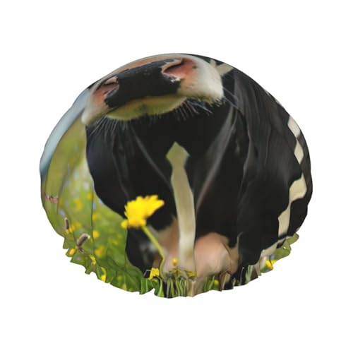 Gorro de ducha con estampado de vaca lechera, gorro de pelo reutilizable con forro y banda elástica con dobladillo elástico