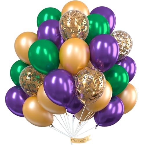 Image of PartyWoo Purple Green Gold Balloons 50pcs 12 Inch Dark Purple Balloons | Dark Green Confetti Latex for Graduation Mardi Gras Carnival Little Mermaid Aladdin Birthday Wedding Party Decorations