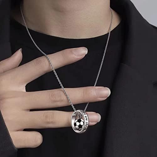 925 Sterling Silver 3D Football & Ring Pendant Necklace for Women Men - Soccer Ball Charm Ring Necklaces for Boys Girls We Are The Champions Theme Gifts Jewelry