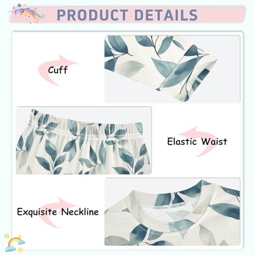 Fustylead Watercolor Teal and Gray Leaves Pajamas Cotton Sleepover PJ Set Long Sleeve Lounge Wear4