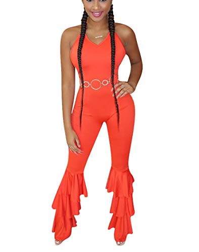 Choichic Bodycon Jumpsuits for Women - Sexy Spaghetti Strap Wide Leg Long Flare Romper (for Tall Ladies) XX-Large Orange