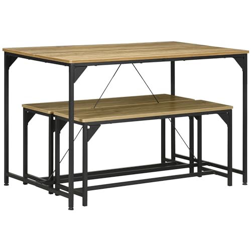 HOMCOM Ensemble Table à Manger et 2 bancs Structure Acier Table pour 4 Personnes 120 x 70 x 75 cm Banc 100 x 30 x 45 cm pour Cuisine Salle à Manger Salon Naturel et Noir