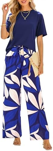 PRETTYGARDEN Women Summer 2 Piece Outfits 2025 Short Sleeve Knit Top Floral Print Belted Wide Leg Pant Sets With Pockets