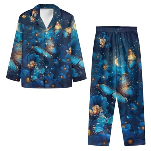 Amzbeauty Long Sleeve Pajama Sets For Women Blue Butterfly Flowers Print Soft Casual Button Down Tops With Pjs Pants Fashion 2 Pieces Loungewear