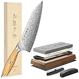 HEZHEN Cuchillo de Cocina Damasco, Cuchillo Chef de Acero Damasco de 73 Capas con Piedra de Afilar Profesional Afilador de Cuchillos