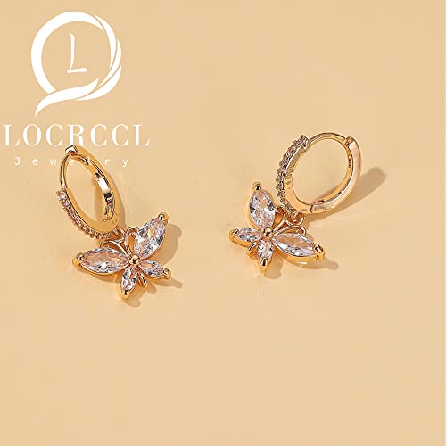 Locrccl Butterfly Small Gold & Silver Lightweight Dangle Hoop Earrings 14K Gold Plated Round Circle Open Cubic Zirconia Animal Drop Huggies Earrings For Women Girls (Gold) #TOP2