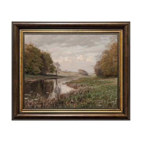 Countryside River Kitchen Wall Art Canvas Vintage Gold Framed,Rustic Retro Landscape Prints Oil Painting for Living Room, Bathroom, Bedroom Decor Gift,8"x 10"