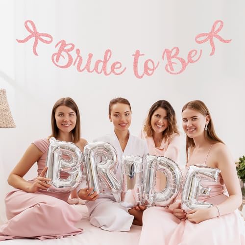 Image of Bride to Be Banner, Rose Gold Bride to Be Bow Glitter Bachelorette Banner