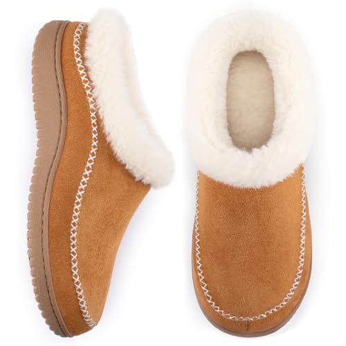 Zigzagger Women's Moccasin Slip-On Fuzzy Slippers - House Shoes Indoor Outdoor with Microsuede & Fluffy Fur Fleece, Cozy Warm Comfy Memory-Foam Loafer (Tan, Size 11-12)