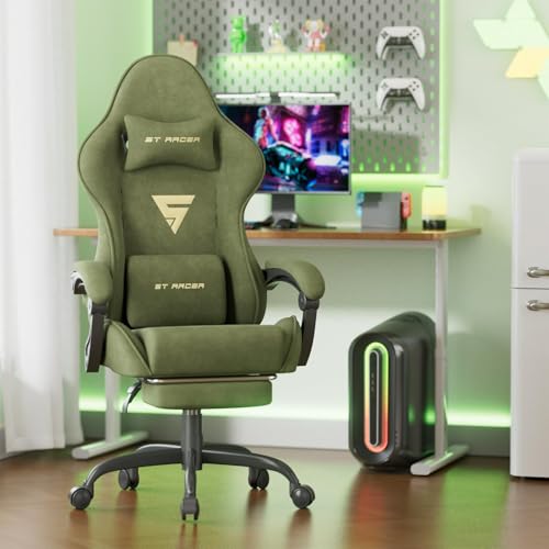 WoRaum Chaise Gamer Ergonomique,Chaise Gaming avec Massage Lombaire,Fauteuil Game Repose-Pieds Rétractable & Dossier Réglable,Confort Tissu Velours,Vert