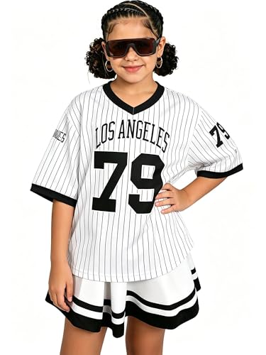 Ecolala Girls Summer 2 Piece Outfits Baseball Jersey Shirt and Pleated Skirt Set Tennis Cheerleader White 9-10 Years