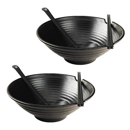 HLMOptimo 2 Sets von Ramen Schüssel Schwarz Melamin Suppenschalen 1050 ml Japanischer Stil Suppenschalen Set mit Essstäbchen, asiatische Gerichte, 6 Stück Cover