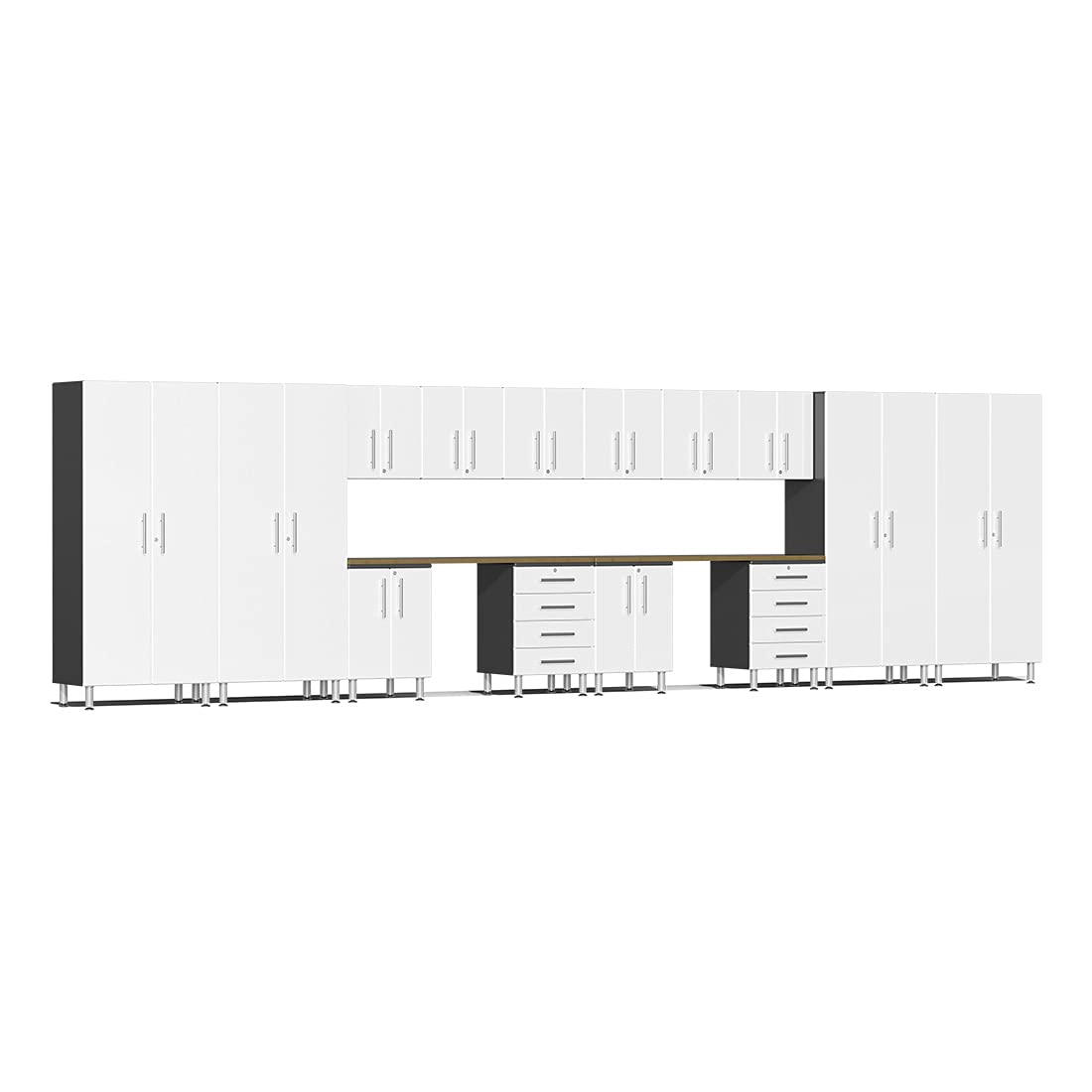 Ulti-MATE UG22162W 16-Piece Garage Cabinet Kit with Bamboo Worktops in Starfire White Metallic