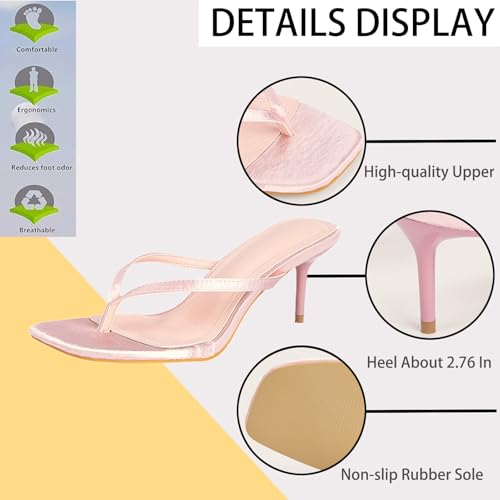 NSNEOND Women's Stiletto Heel Casual Flip Flops Satin Fashion Square Open Toe Backless Summer Slip On High Heel Dressy Thong Sandals Slide for Beach Daily Work (Silver,5) by NSNEOND - Used condition - Image 4