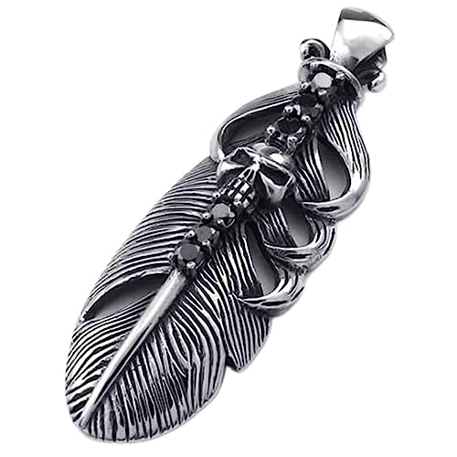 Chaîne gothique homme avec pendentif crâne plume en acier inoxydable noir et zircons