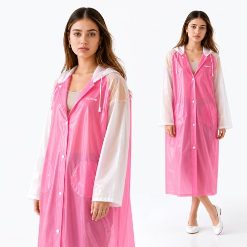 Image of Lifelong Raincoat Waterproof for Women| 100% Waterproof Rainwear for Women & Girls | One-Piece Hooded Raincoat| Snap Buttons & Pockets | Travel for Hiking, Trekking, Camping (L, Pink & White)
