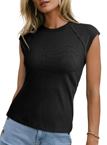 Sidefeel Womens Tops Casual Crewneck Cap Sleeve Tops Ribbed Raw Hem Summer T Shirts Slim Fit Basic Tees Blouses