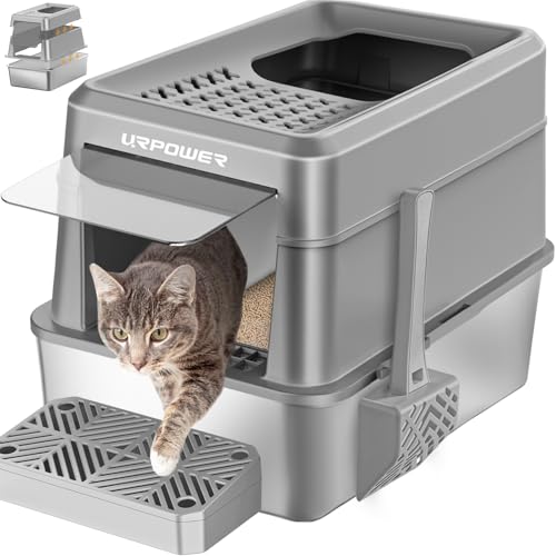 URPOWER Stainless Steel Cat Litter Box with Lid Extra Large Enclosed Litter Box Non-Sticky Metal Pan with High Sided & Scoop Odor Free Front & Top Entry Anti-Leakage Easy Cleaning