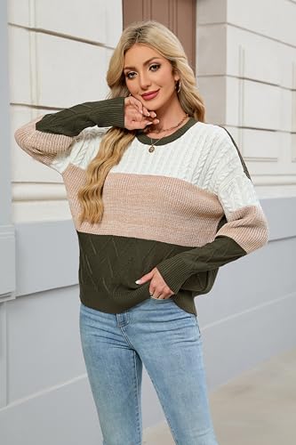 Womens Sweaters Striped Color Block Cable Knit Fall Sweater Long Sleeve Crewneck Oversized Pullover Tops3